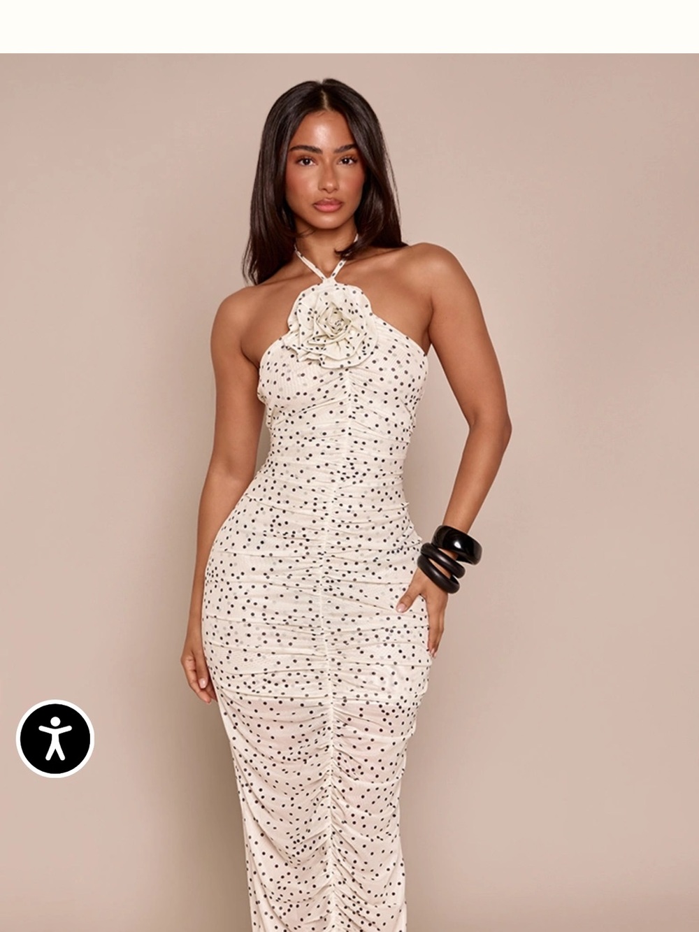 PrettyLittleThing Cream Polka Dot One-Shoulder Maxi Dress with Floral Detail